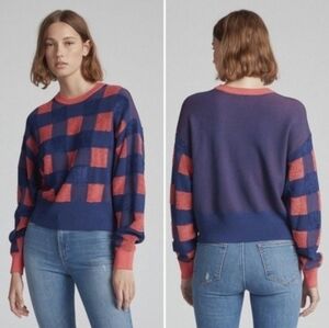 Rag & Bone Sweater Ridley Gingham Coral Pink & Blue Pullover Crew Neck